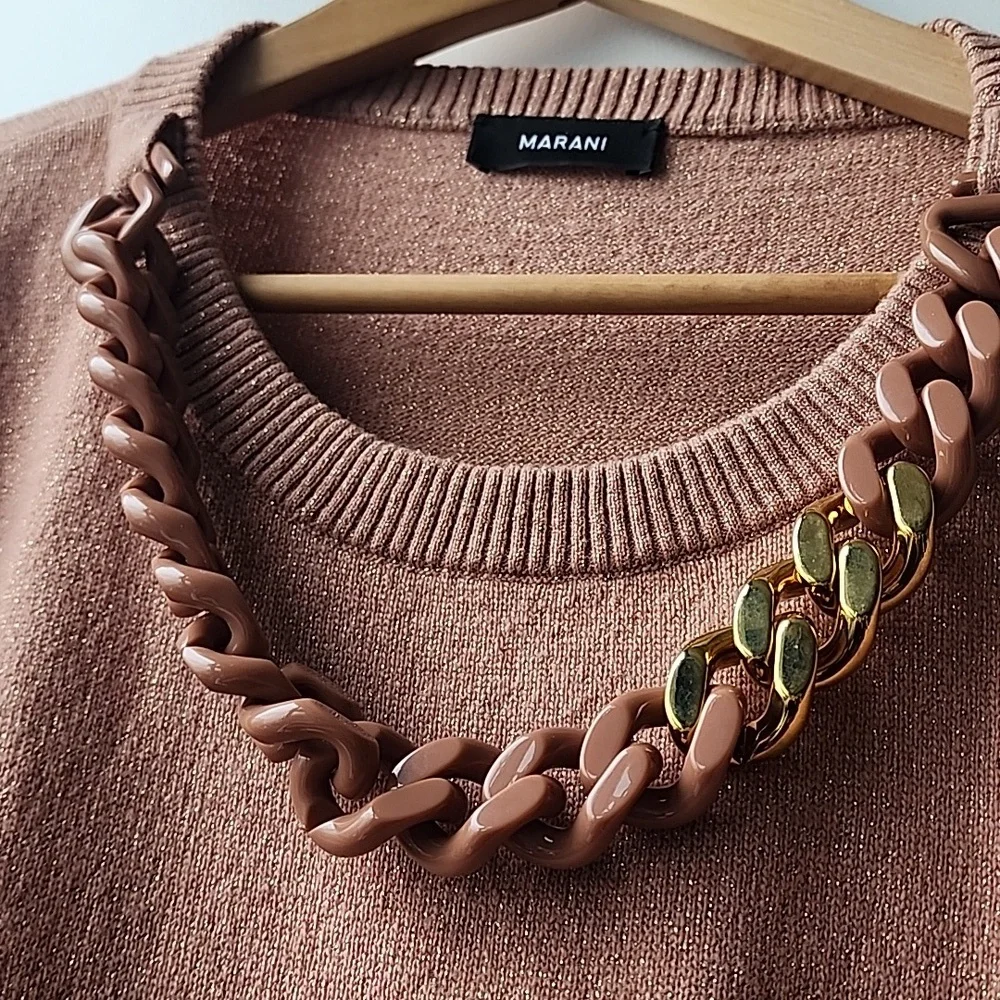 Marani Metallic Oversized Knit Wool Blend Sweater with Enamel Necklace Detail - Picture 2 of 10